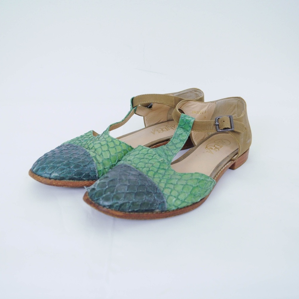 ❤️ Candela T-Strap Flats Leather Reptile Skin